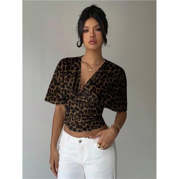 Aloruh Women's Sexy Deep V Ruched Leopard Print Full Coverage Short Sleeve - Picture 1 of 8